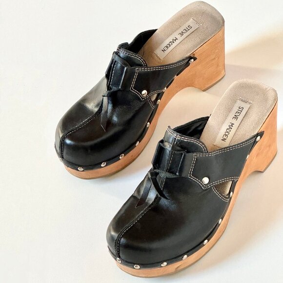 Vintage Steve Madden Y2K Era Black Leather Wooden Platform Clogs. Size 8. - Picture 1 of 15